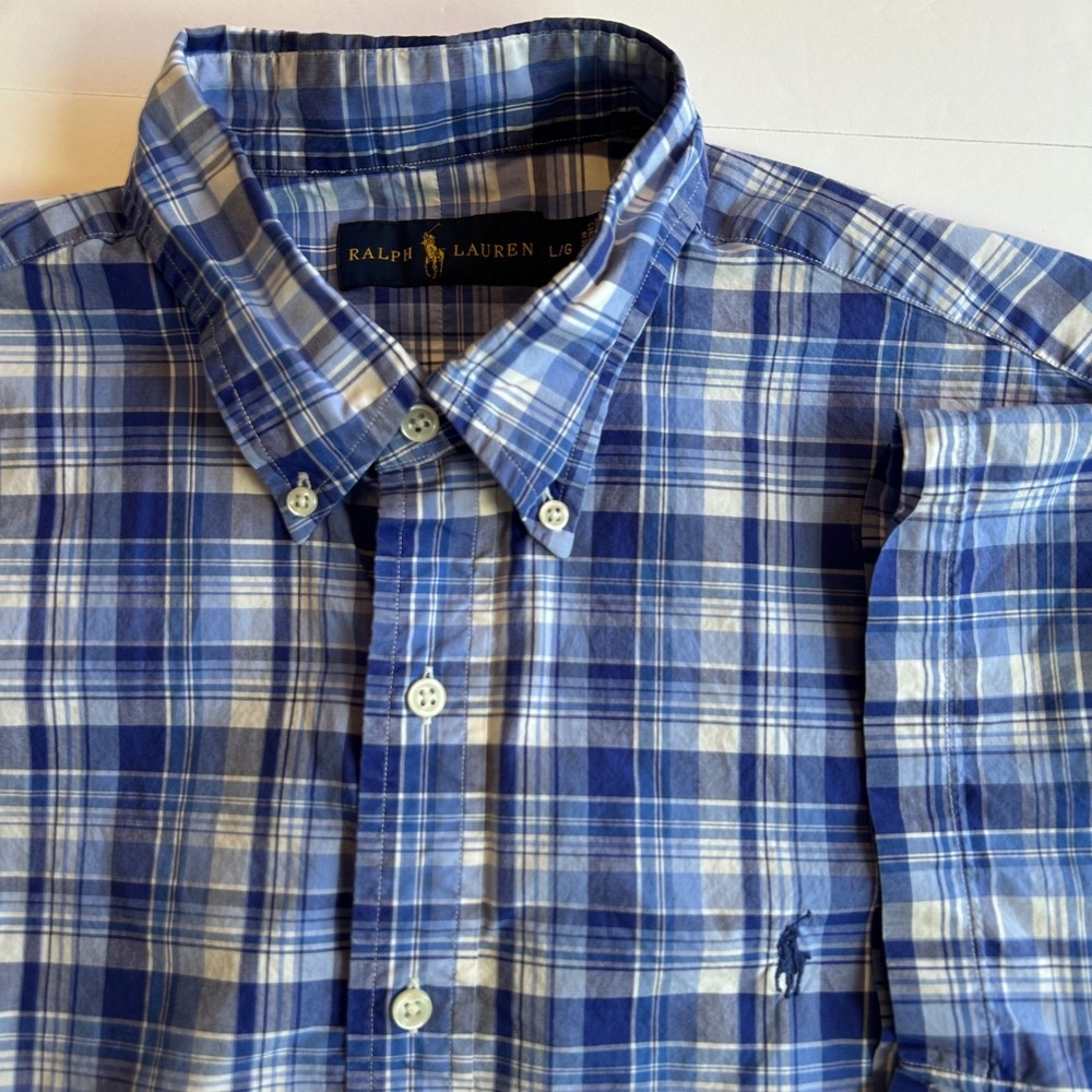Ralph Lauren Large Blue White Plaid Short Sleeve Button Down Shirt Cotton Pony